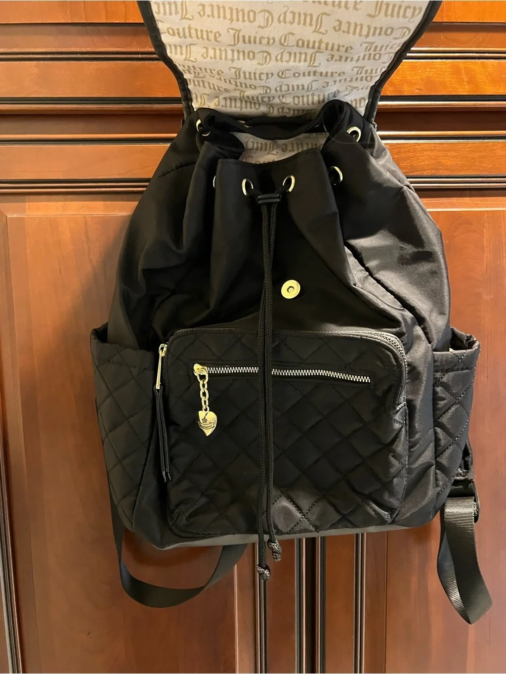 Juicy Couture Vintage Quilted Black Backpack w/Heart Patch Snap Flap Closure